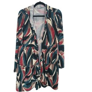 Womens Abstract Print Hooded Tunic Top Long Sleeve Teal Burgundy